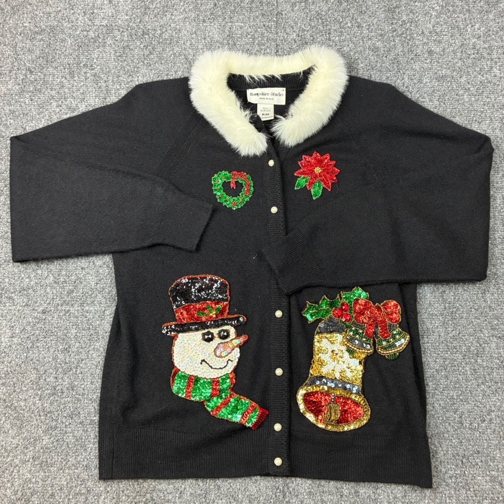 Vintage Hampshire Studio Christmas Cardigan Sweater Faux Fur Sequin Snowman 80's